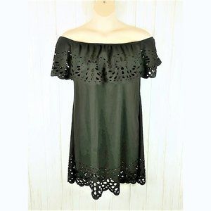 Volup Black Off-Shoulder Mini Dress Coverup Cut-Work Trim Sz XXL Vacay Beach